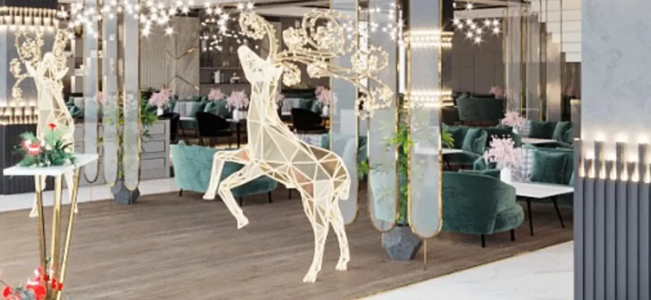 Restoran salonunda geometrik geyik ve ışıklı çiçek dekoru