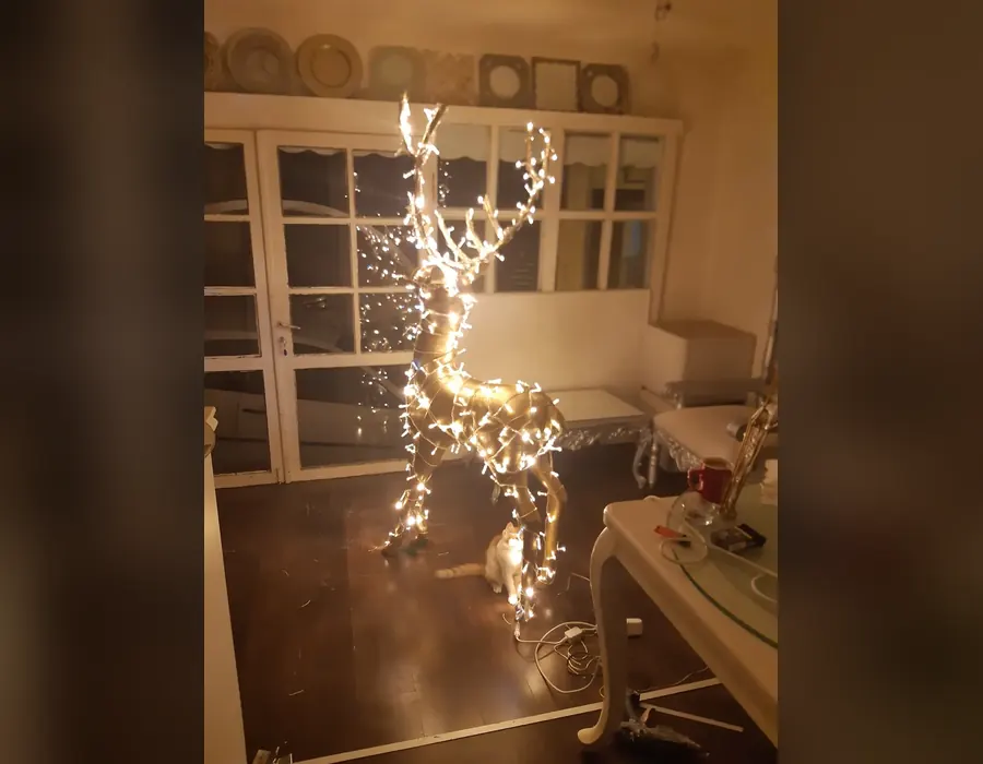 Pencere önünde duran ışıklı geyik figürü Pencere önünde duran ışıklı geyik figürü