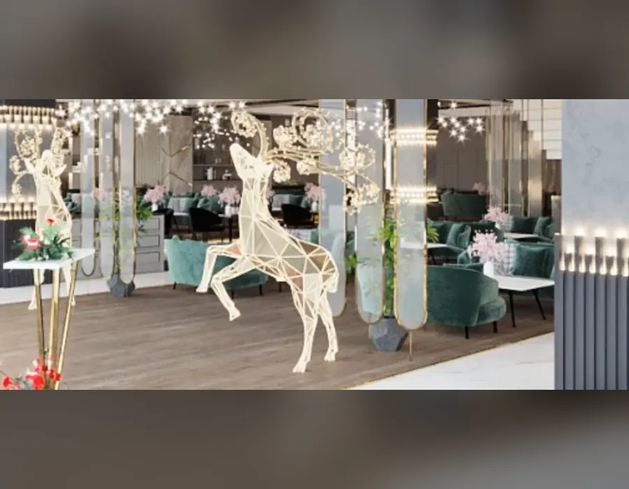 Restoran salonunda geometrik geyik ve ışıklı çiçek dekoru
